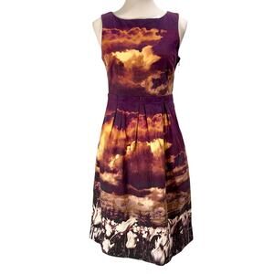 CUE Australia A-Line Dress Y2K Sunset Sky Print Woven Cotton Women's Size 10